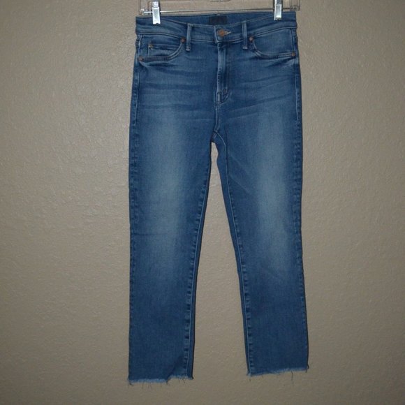 $248 Sz 27 Mother The Rascal Crop Fray Hop On Hop Off Blue Jeans - Picture 1 of 7